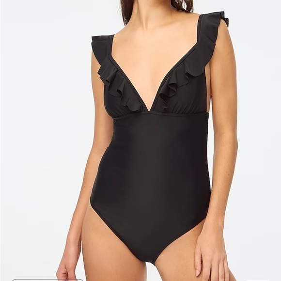 J Crew Factory Ruffle-shoulder V-neck one-piece swimsuit Black size M‎ NWT BG217 - Picture 1 of 11